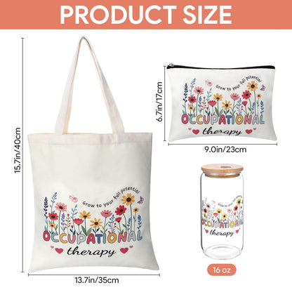 PanJoidys 3 Pcs Occupational Therapy Gifts Bag Boho Style Physical Therapist Gifts - OT Tote Bag with Cosmetic Bag Glass Cup for Women Birthday