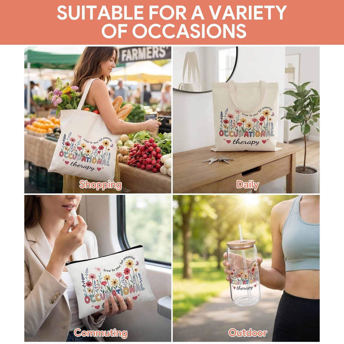 PanJoidys 3 Pcs Occupational Therapy Gifts Bag Boho Style Physical Therapist Gifts - OT Tote Bag with Cosmetic Bag Glass Cup for Women Birthday - görsel 13
