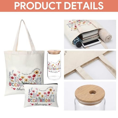 PanJoidys 3 Pcs Occupational Therapy Gifts Bag Boho Style Physical Therapist Gifts - OT Tote Bag with Cosmetic Bag Glass Cup for Women Birthday
