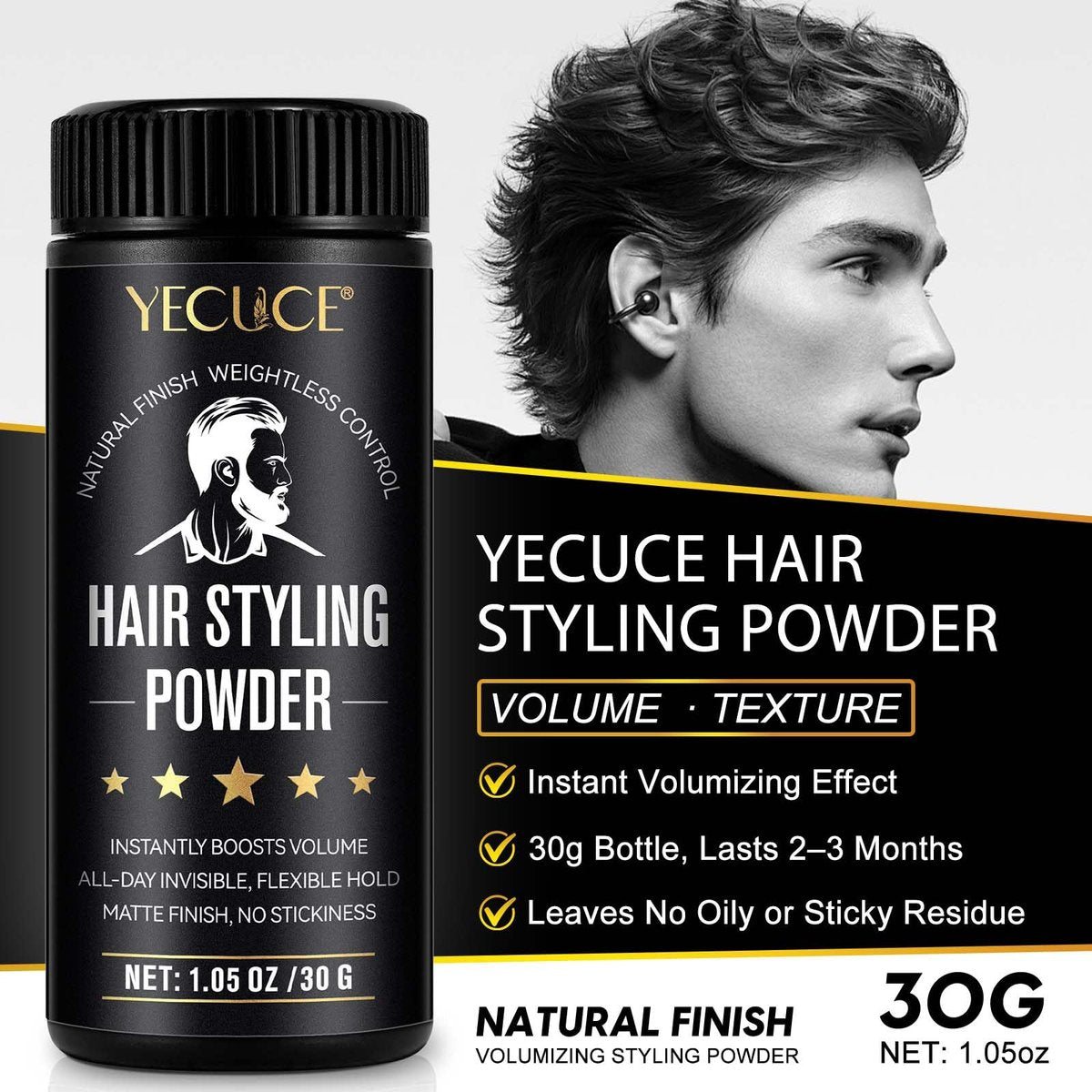 Yecuce Hair Powder for Men 2-Pack – Volumizing Texture Powder for All Hair Types, Natural Matte Finish, Non-Oily, 2.1 oz Total Avelisse