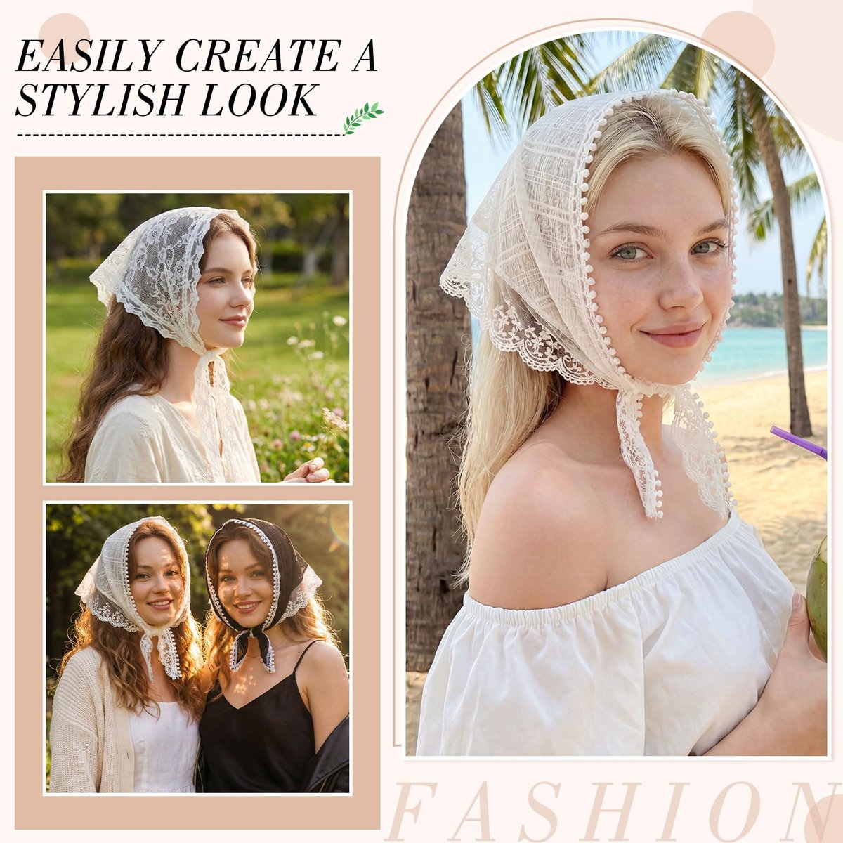 Obeoby 4 Pack Lace Bandanas Head Scarf for Women – White Hair Scarf Bandana for Wedding Bridal Headband Kerchief Spring Summer Hair Accessories - görsel 9