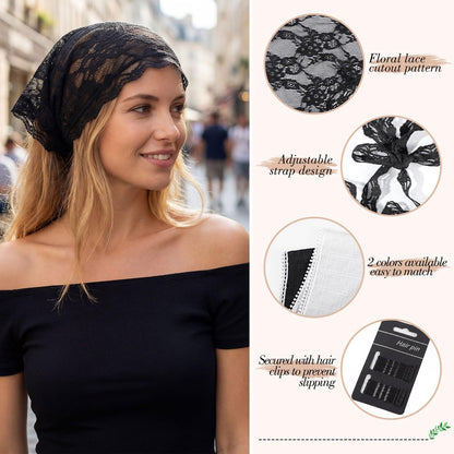 Obeoby 4 Pack Lace Bandanas Head Scarf for Women – White Hair Scarf Bandana for Wedding Bridal Headband Kerchief Spring Summer Hair Accessories