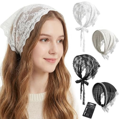 Obeoby 4 Pack Lace Bandanas Head Scarf for Women – White Hair Scarf Bandana for Wedding Bridal Headband Kerchief Spring Summer Hair Accessories