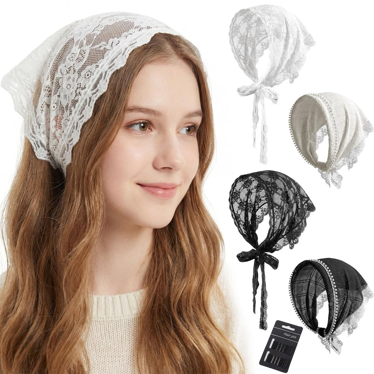 Obeoby 4 Pack Lace Bandanas Head Scarf for Women – White Hair Scarf Bandana for Wedding Bridal Headband Kerchief Spring Summer Hair Accessories - görsel 1