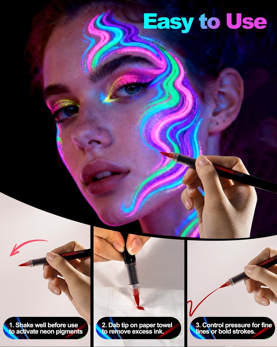 Sovano Glow Party Face & Body Paint Markers – 10 Neon UV Reactive Blacklight Tattoo Pens with Fluorescent Stickers, Water-Resistant, Skin-Safe & Washable for Halloween, Raves (Glows Under UV Light) Avelisse
