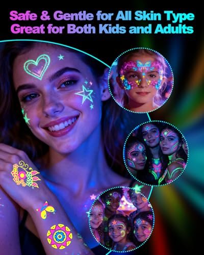 Sovano Glow Party Face & Body Paint Markers – 10 Neon UV Reactive Blacklight Tattoo Pens with Fluorescent Stickers, Water-Resistant, Skin-Safe & Washable for Halloween, Raves (Glows Under UV Light) Avelisse