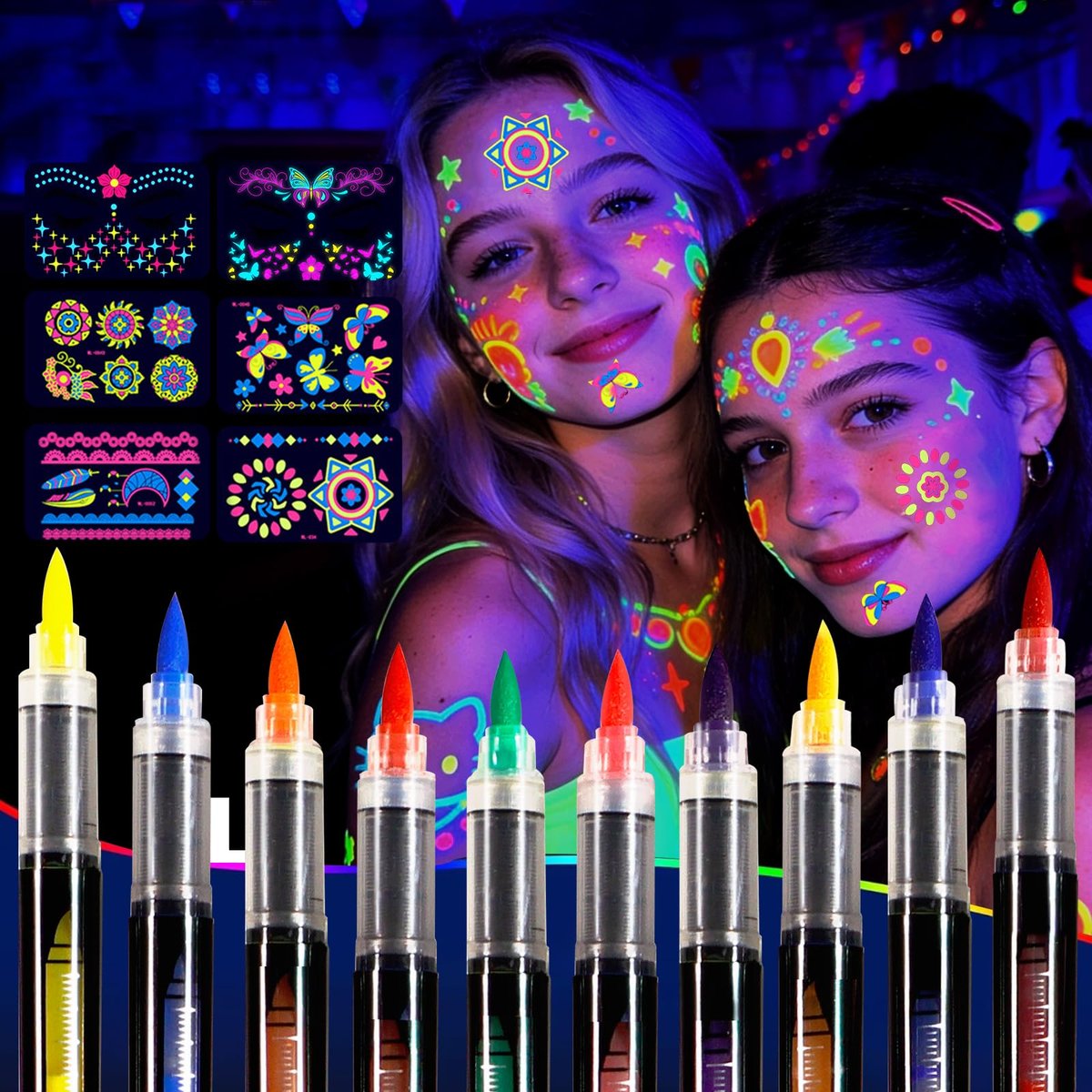 Sovano Glow Party Face & Body Paint Markers – 10 Neon UV Reactive Blacklight Tattoo Pens with Fluorescent Stickers, Water-Resistant, Skin-Safe & Washable for Halloween, Raves (Glows Under UV Light) Avelisse