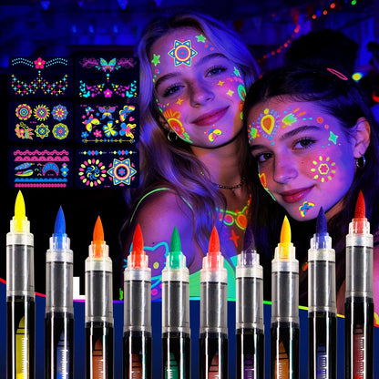 Sovano Glow Party Face & Body Paint Markers – 10 Neon UV Reactive Blacklight Tattoo Pens with Fluorescent Stickers, Water-Resistant, Skin-Safe & Washable for Halloween, Raves (Glows Under UV Light) Avelisse