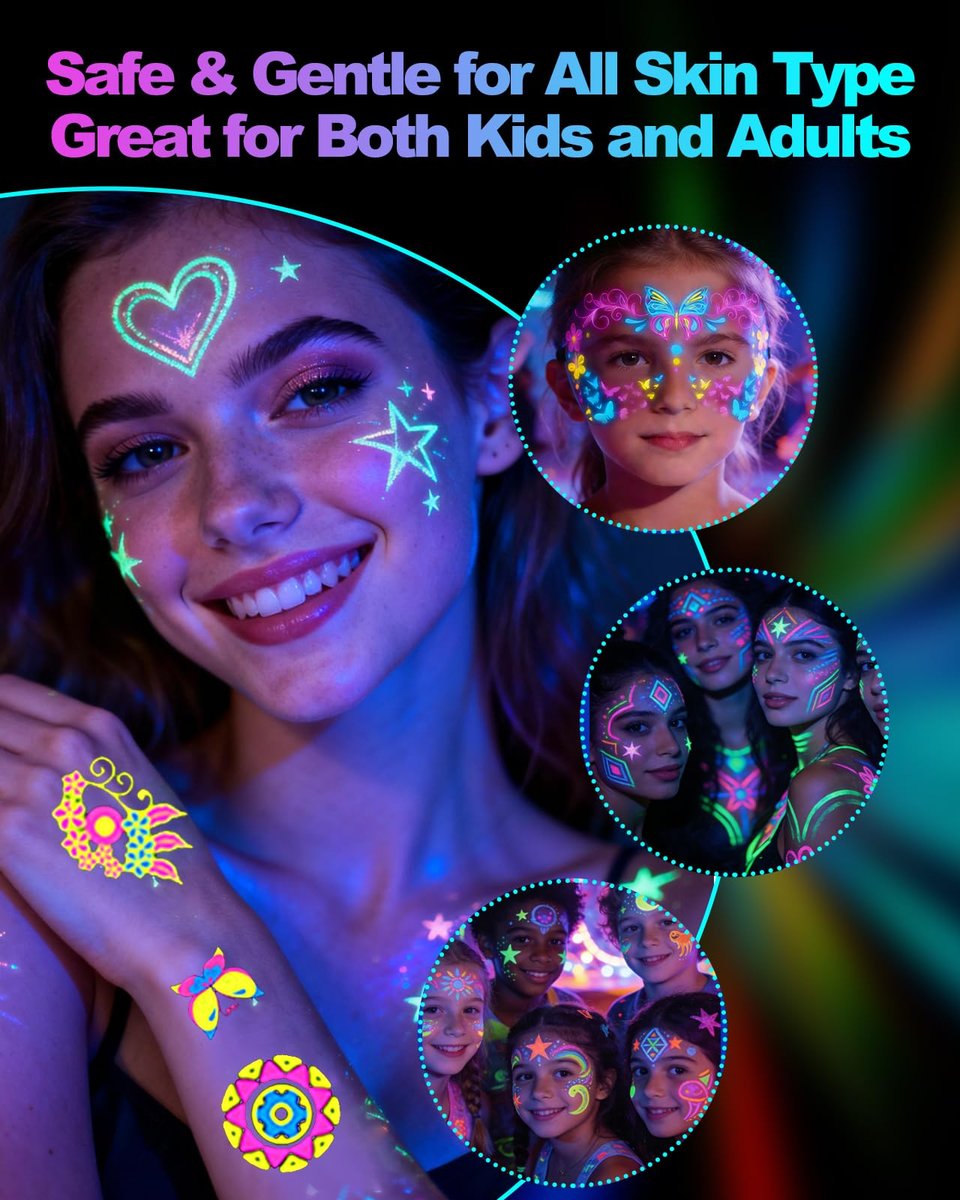 Sovano Glow Party Face & Body Paint Markers – 10 Neon UV Reactive Blacklight Tattoo Pens with Fluorescent Stickers, Water-Resistant, Skin-Safe & Washable for Halloween, Raves (Glows Under UV Light) Avelisse