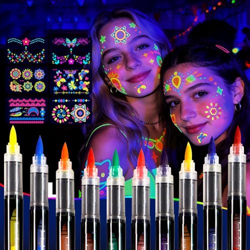 Sovano Glow Party Face & Body Paint Markers – 10 Neon UV Reactive Blacklight Tattoo Pens with Fluorescent Stickers, Water-Resistant, Skin-Safe & Washable for Halloween, Raves (Glows Under UV Light) Avelisse