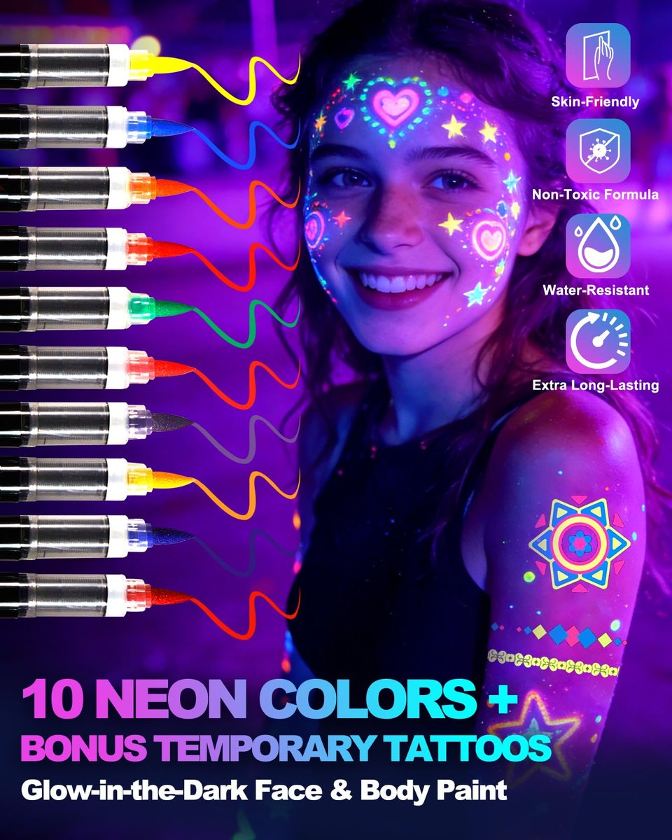 Sovano Glow Party Face & Body Paint Markers – 10 Neon UV Reactive Blacklight Tattoo Pens with Fluorescent Stickers, Water-Resistant, Skin-Safe & Washable for Halloween, Raves (Glows Under UV Light) Avelisse