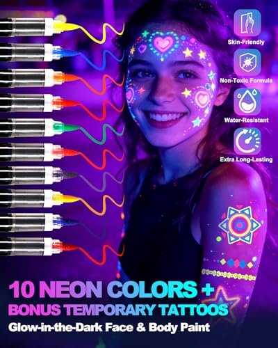 Sovano Glow Party Face & Body Paint Markers – 10 Neon UV Reactive Blacklight Tattoo Pens with Fluorescent Stickers, Water-Resistant, Skin-Safe & Washable for Halloween, Raves (Glows Under UV Light) Avelisse