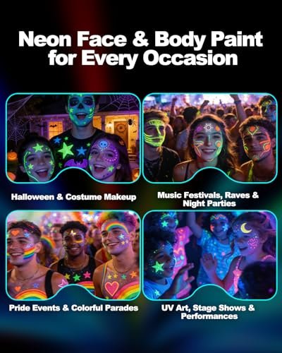 Sovano Glow Party Face & Body Paint Markers – 10 Neon UV Reactive Blacklight Tattoo Pens with Fluorescent Stickers, Water-Resistant, Skin-Safe & Washable for Halloween, Raves (Glows Under UV Light) Avelisse