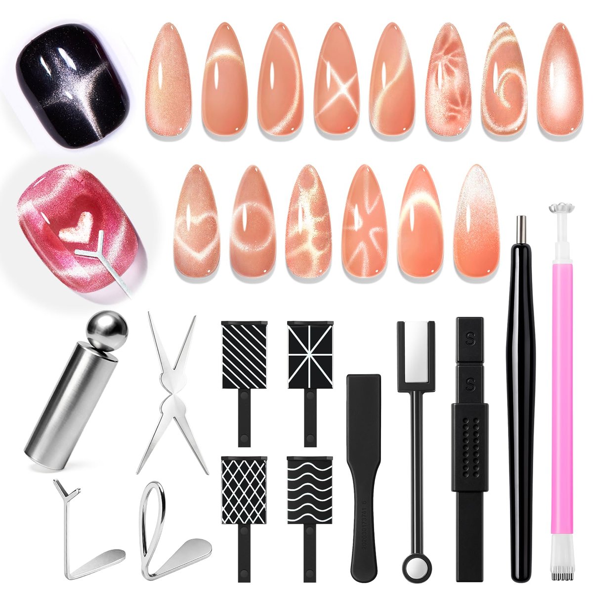 14PCS Cat Eye Magnet Nail Art Tools Set by AZUREBEAUTY – Powerful Cateye Gel Nail Polish Magnet Sticks for Heart, French, Black Hole & Glassy Effects - görsel 1