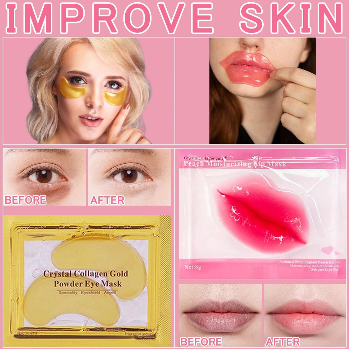 FNOLECY 20 Pairs Lip Mask & Eye Mask, 24K Crystal Collagen Under Eye Patches for Puffy Eyes, Party Favors Adults, Bridesmaid Gifts, Bachelorette Party Accessories, Skincare Bulk, Galentines Day Gifts - görsel 6