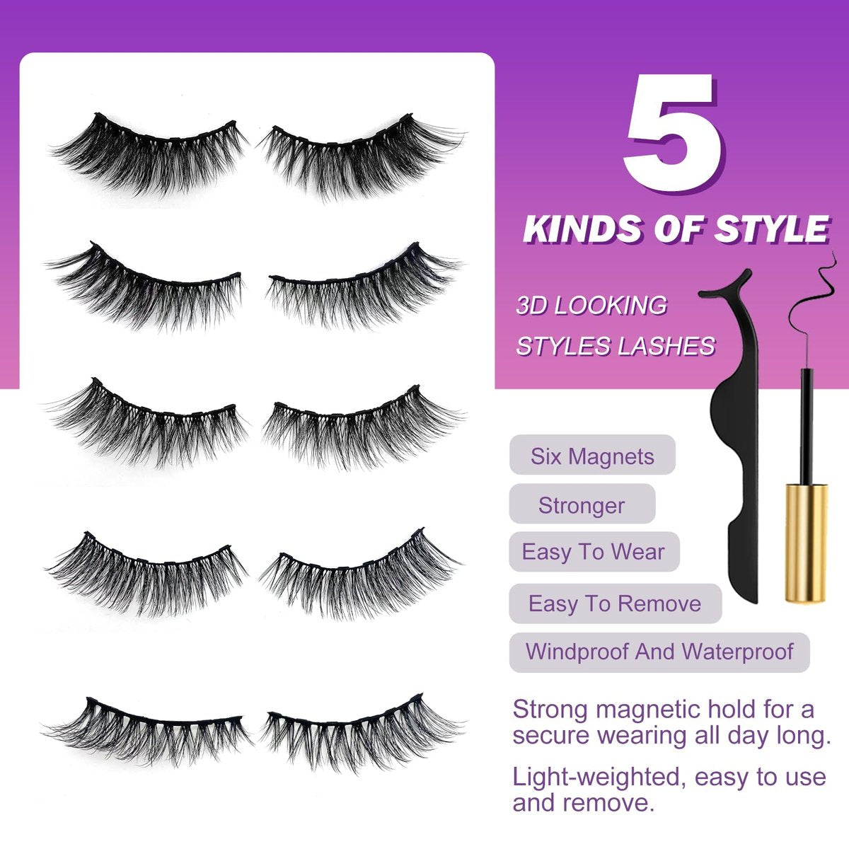 Royaomis 10 Pairs Cat-Eye Magnetic Eyelashes with Applicator – Natural Look, 3D Magnetic Lashes with Eyeliner, Reusable Fake Eyelashes Pack (Black, 10 Pairs) - görsel 3