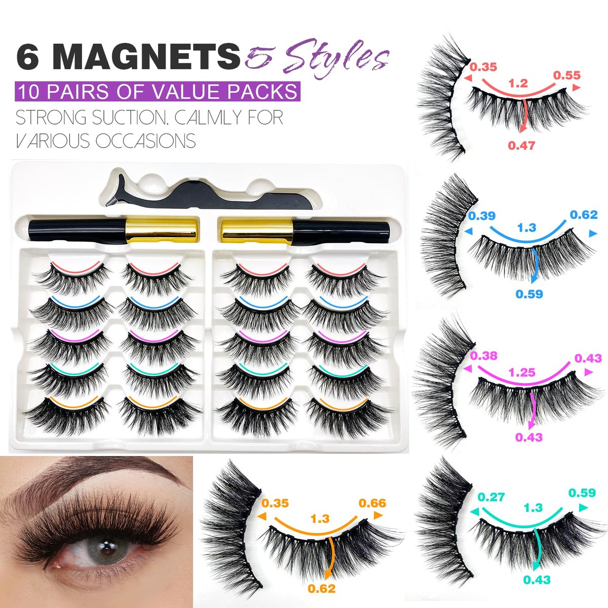 Royaomis 10 Pairs Cat-Eye Magnetic Eyelashes with Applicator – Natural Look, 3D Magnetic Lashes with Eyeliner, Reusable Fake Eyelashes Pack (Black, 10 Pairs) - görsel 9