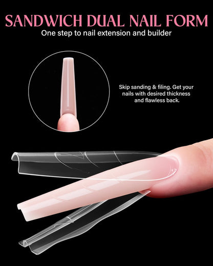 Naughtology Sandwich Nail Dual Form Kit - 360 PCS Coffin & Almond Dual Forms for Nail Extensions, 15 Sizes, Reusable Plastic Forms for Polygel, Acrylic, Builder Gel - Perfect for DIY & Salon Use Avelisse