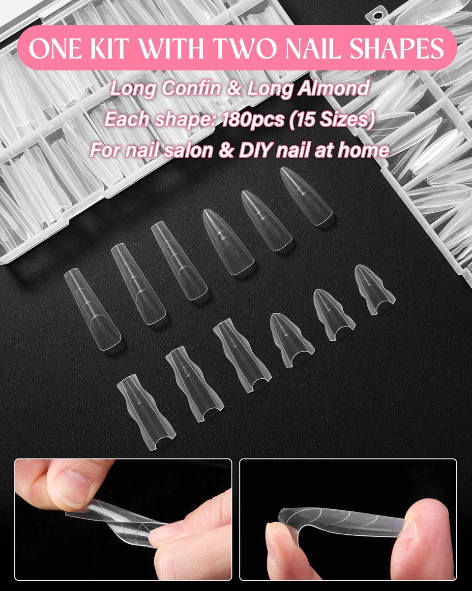 Naughtology Sandwich Nail Dual Form Kit - 360 PCS Coffin & Almond Dual Forms for Nail Extensions, 15 Sizes, Reusable Plastic Forms for Polygel, Acrylic, Builder Gel - Perfect for DIY & Salon Use Avelisse