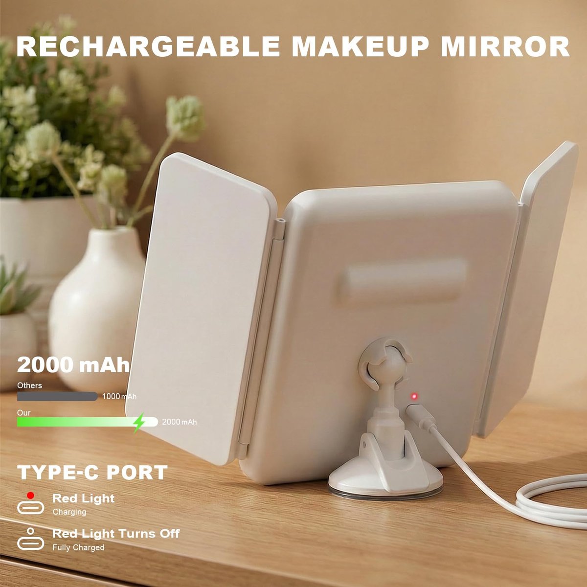 Hoxutym LED Bathroom Shower Mirror with Lights – Trifold Vanity Mirror with Suction Mount, Rechargeable Makeup Mirror with 2X/3X Magnification, 3 Color Lights & Brightness Adjustable Avelisse