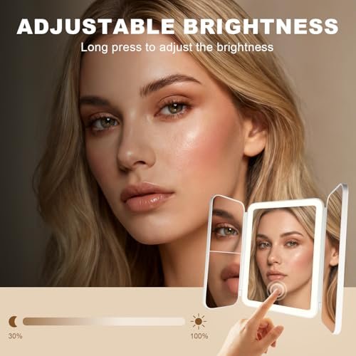 Hoxutym LED Bathroom Shower Mirror with Lights – Trifold Vanity Mirror with Suction Mount, Rechargeable Makeup Mirror with 2X/3X Magnification, 3 Color Lights & Brightness Adjustable Avelisse