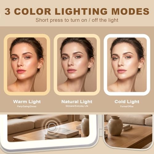 Hoxutym LED Bathroom Shower Mirror with Lights – Trifold Vanity Mirror with Suction Mount, Rechargeable Makeup Mirror with 2X/3X Magnification, 3 Color Lights & Brightness Adjustable Avelisse