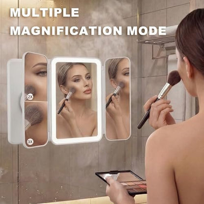 Hoxutym LED Bathroom Shower Mirror with Lights – Trifold Vanity Mirror with Suction Mount, Rechargeable Makeup Mirror with 2X/3X Magnification, 3 Color Lights & Brightness Adjustable Avelisse