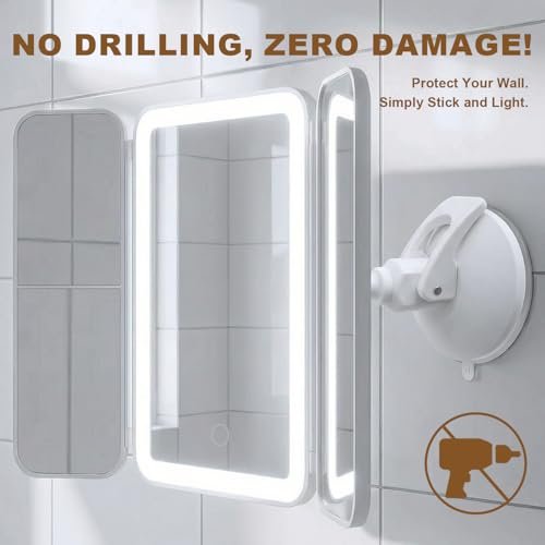 Hoxutym LED Bathroom Shower Mirror with Lights – Trifold Vanity Mirror with Suction Mount, Rechargeable Makeup Mirror with 2X/3X Magnification, 3 Color Lights & Brightness Adjustable Avelisse