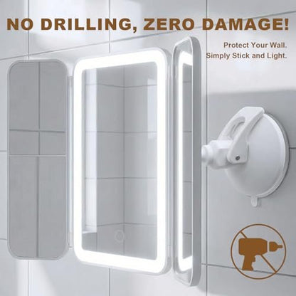 Hoxutym LED Bathroom Shower Mirror with Lights – Trifold Vanity Mirror with Suction Mount, Rechargeable Makeup Mirror with 2X/3X Magnification, 3 Color Lights & Brightness Adjustable Avelisse