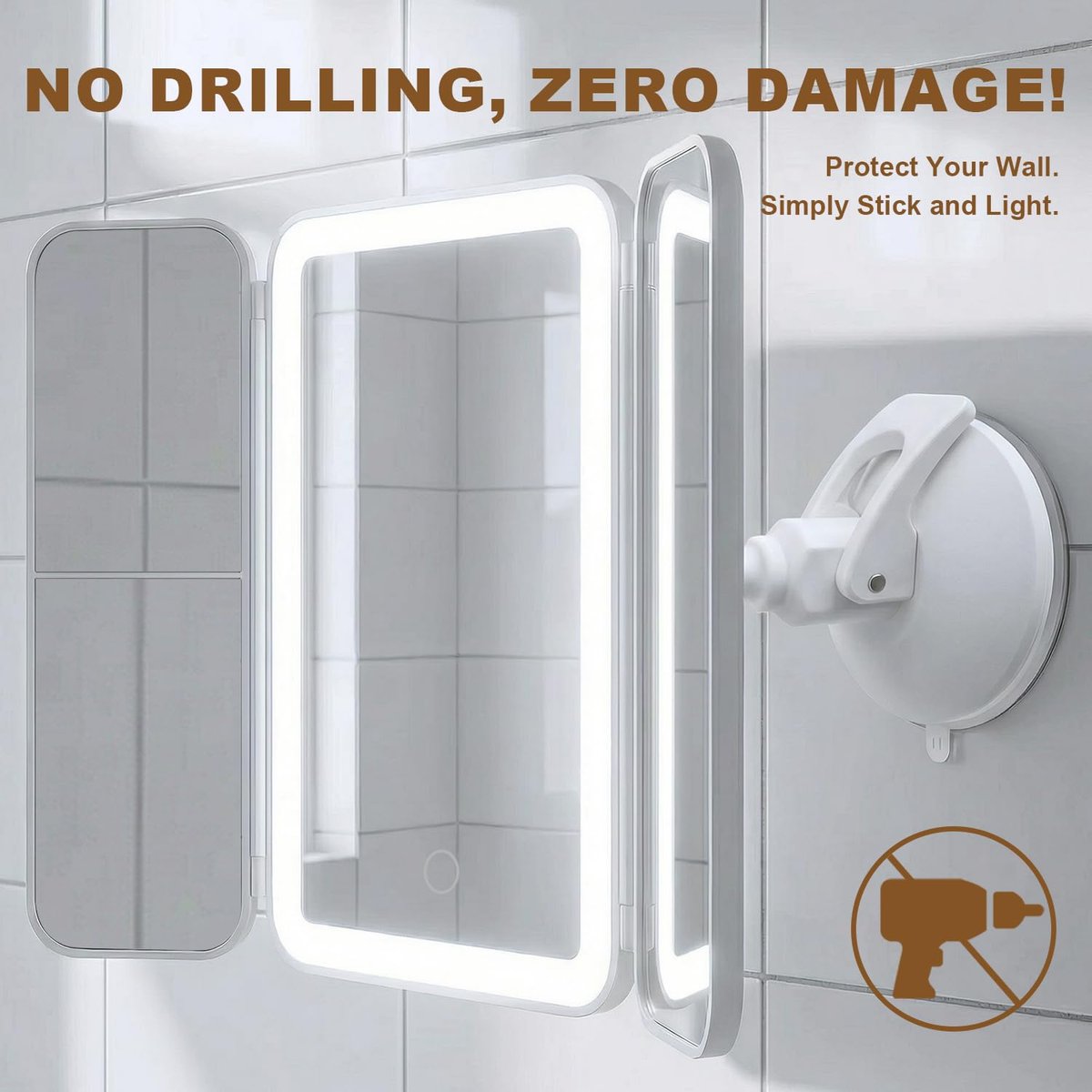 Hoxutym LED Bathroom Shower Mirror with Lights – Trifold Vanity Mirror with Suction Mount, Rechargeable Makeup Mirror with 2X/3X Magnification, 3 Color Lights & Brightness Adjustable Avelisse
