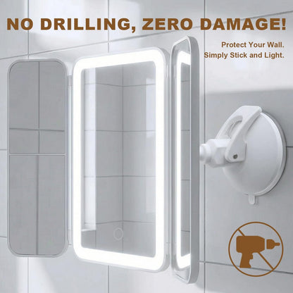 Hoxutym LED Bathroom Shower Mirror with Lights – Trifold Vanity Mirror with Suction Mount, Rechargeable Makeup Mirror with 2X/3X Magnification, 3 Color Lights & Brightness Adjustable Avelisse