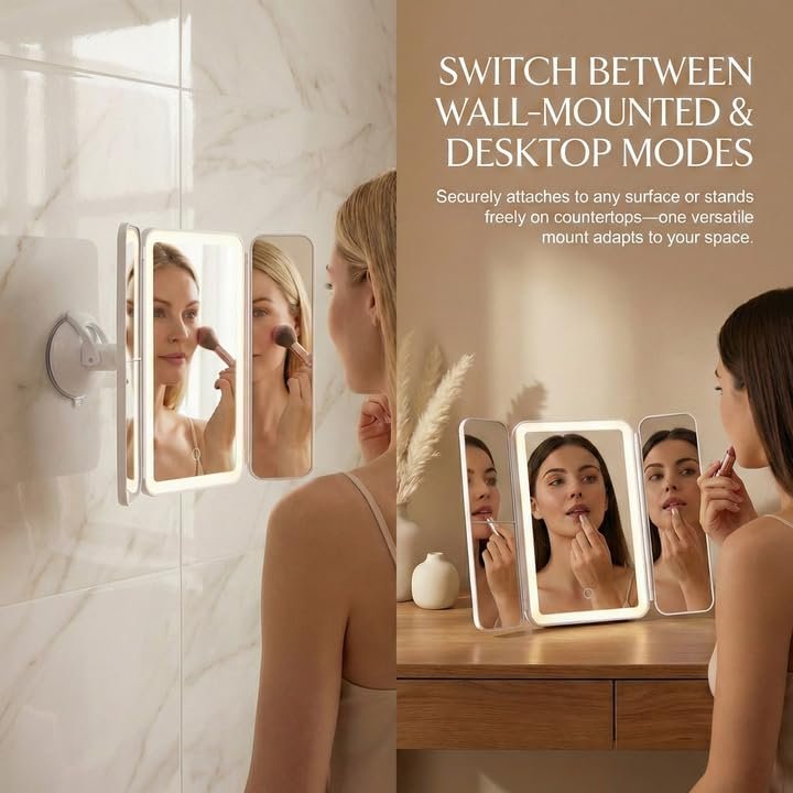 Hoxutym LED Bathroom Shower Mirror with Lights – Trifold Vanity Mirror with Suction Mount, Rechargeable Makeup Mirror with 2X/3X Magnification, 3 Color Lights & Brightness Adjustable Avelisse