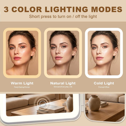 Hoxutym LED Bathroom Shower Mirror with Lights – Trifold Vanity Mirror with Suction Mount, Rechargeable Makeup Mirror with 2X/3X Magnification, 3 Color Lights & Brightness Adjustable Avelisse