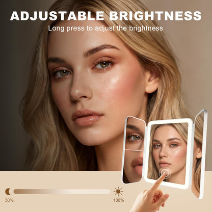 Hoxutym LED Bathroom Shower Mirror with Lights – Trifold Vanity Mirror with Suction Mount, Rechargeable Makeup Mirror with 2X/3X Magnification, 3 Color Lights & Brightness Adjustable Avelisse