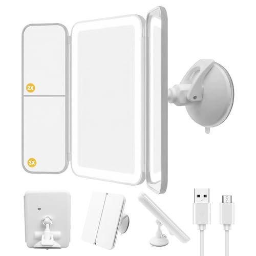 Hoxutym LED Bathroom Shower Mirror with Lights – Trifold Vanity Mirror with Suction Mount, Rechargeable Makeup Mirror with 2X/3X Magnification, 3 Color Lights & Brightness Adjustable Avelisse