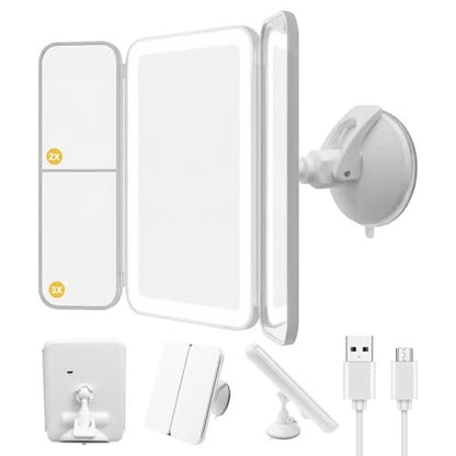Hoxutym LED Bathroom Shower Mirror with Lights – Trifold Vanity Mirror with Suction Mount, Rechargeable Makeup Mirror with 2X/3X Magnification, 3 Color Lights & Brightness Adjustable Avelisse