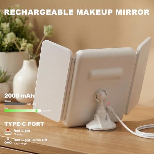 Hoxutym LED Bathroom Shower Mirror with Lights – Trifold Vanity Mirror with Suction Mount, Rechargeable Makeup Mirror with 2X/3X Magnification, 3 Color Lights & Brightness Adjustable Avelisse