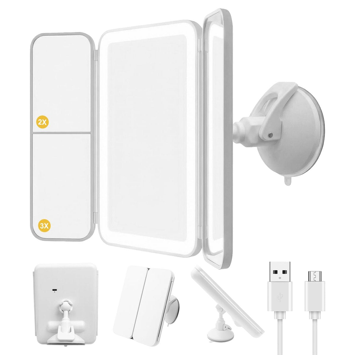 Hoxutym LED Bathroom Shower Mirror with Lights – Trifold Vanity Mirror with Suction Mount, Rechargeable Makeup Mirror with 2X/3X Magnification, 3 Color Lights & Brightness Adjustable Avelisse