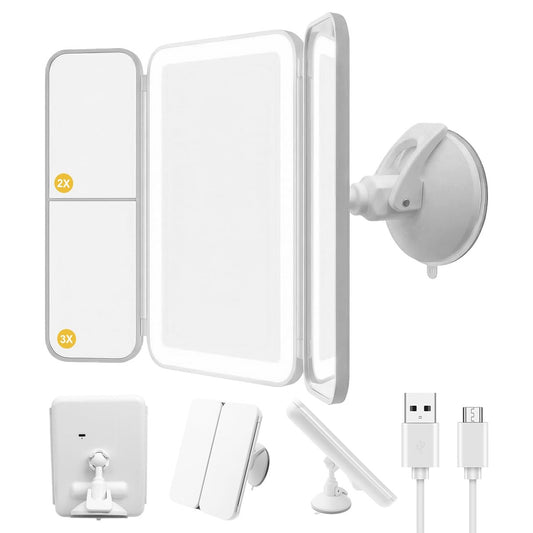 Hoxutym LED Bathroom Shower Mirror with Lights – Trifold Vanity Mirror with Suction Mount, Rechargeable Makeup Mirror with 2X/3X Magnification, 3 Color Lights & Brightness Adjustable Avelisse