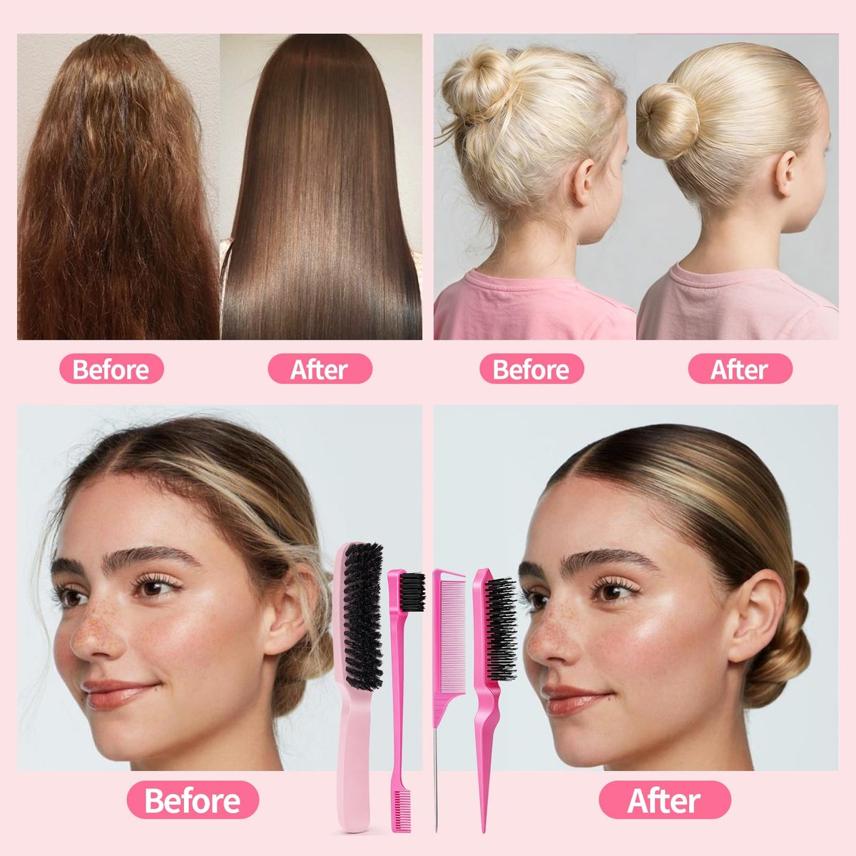 Boar Bristle Slick Back Hair Brush for Smooth Flyaways, Frizz, Sleek Ponytail, Buns and Edge Baby Hair | Hair Comb, Edge Brush, Teasing Brush Styling Accessories for Girls, Kids, Women & Men - görsel 9
