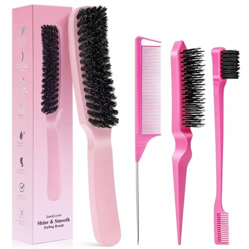 Boar Bristle Slick Back Hair Brush for Smooth Flyaways, Frizz, Sleek Ponytail, Buns and Edge Baby Hair | Hair Comb, Edge Brush, Teasing Brush Styling Accessories for Girls, Kids, Women & Men - görsel 2