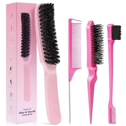 Boar Bristle Slick Back Hair Brush for Smooth Flyaways, Frizz, Sleek Ponytail, Buns and Edge Baby Hair | Hair Comb, Edge Brush, Teasing Brush Styling Accessories for Girls, Kids, Women & Men