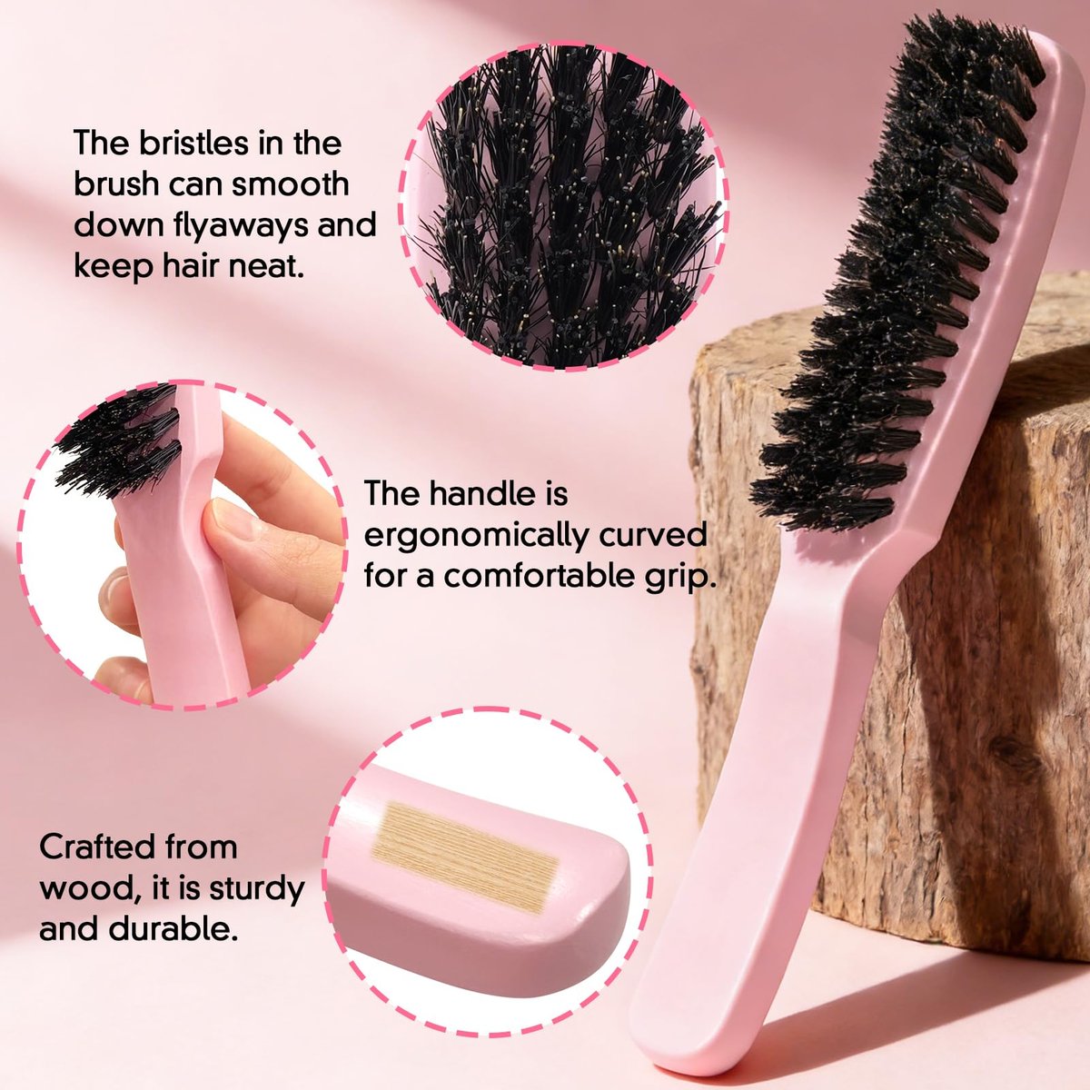 Boar Bristle Slick Back Hair Brush for Smooth Flyaways, Frizz, Sleek Ponytail, Buns and Edge Baby Hair | Hair Comb, Edge Brush, Teasing Brush Styling Accessories for Girls, Kids, Women & Men - görsel 7
