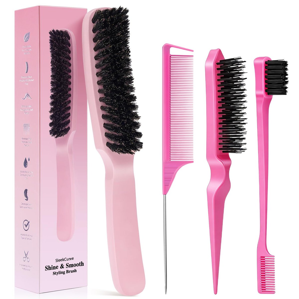 Boar Bristle Slick Back Hair Brush for Smooth Flyaways, Frizz, Sleek Ponytail, Buns and Edge Baby Hair | Hair Comb, Edge Brush, Teasing Brush Styling Accessories for Girls, Kids, Women & Men - görsel 1
