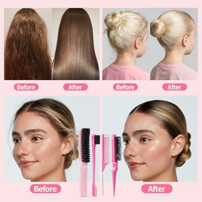 Boar Bristle Slick Back Hair Brush for Smooth Flyaways, Frizz, Sleek Ponytail, Buns and Edge Baby Hair | Hair Comb, Edge Brush, Teasing Brush Styling Accessories for Girls, Kids, Women & Men