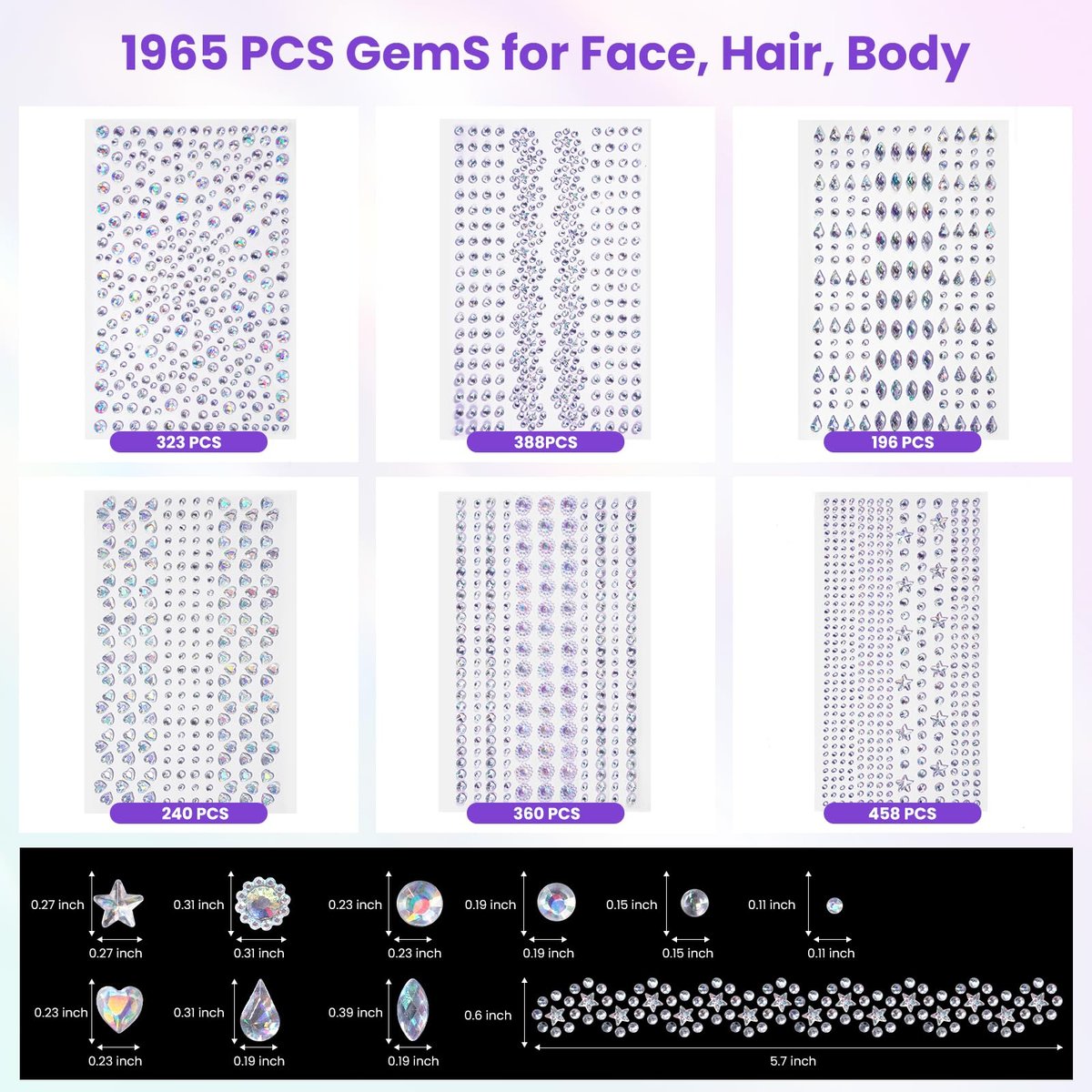 Rosiour 1642Pcs Self-Adhesive Face Jewels Eye Rhinestones - 6 Styles Hair & Body Gems Stick On for Women Makeup, Rave Accessories for Nail Art, DIY Crafts & Festival Decorations - görsel 3