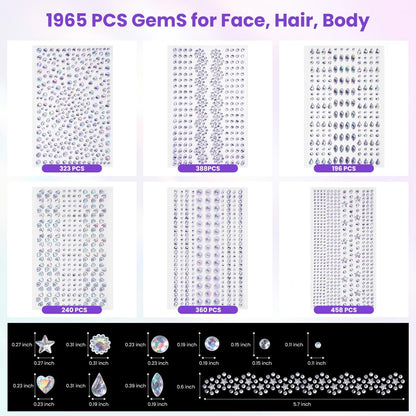 Rosiour 1642Pcs Self-Adhesive Face Jewels Eye Rhinestones - 6 Styles Hair & Body Gems Stick On for Women Makeup, Rave Accessories for Nail Art, DIY Crafts & Festival Decorations