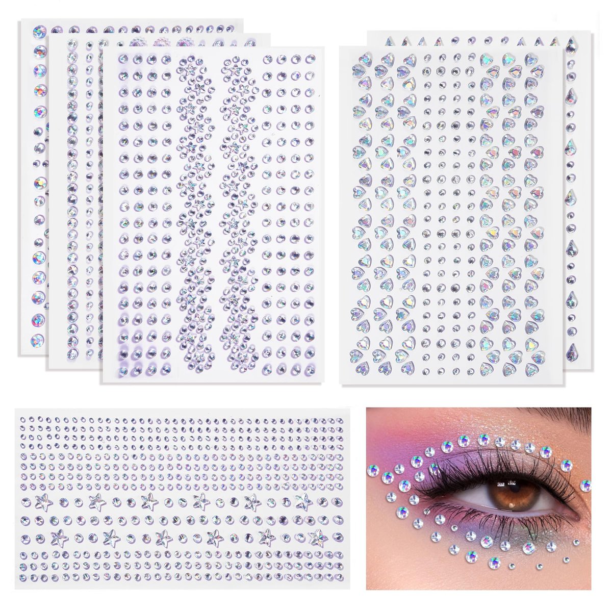 Rosiour 1642Pcs Self-Adhesive Face Jewels Eye Rhinestones - 6 Styles Hair & Body Gems Stick On for Women Makeup, Rave Accessories for Nail Art, DIY Crafts & Festival Decorations - görsel 1