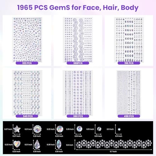 Rosiour 1642Pcs Self-Adhesive Face Jewels Eye Rhinestones - 6 Styles Hair & Body Gems Stick On for Women Makeup, Rave Accessories for Nail Art, DIY Crafts & Festival Decorations - görsel 4