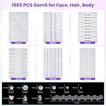 Rosiour 1642Pcs Self-Adhesive Face Jewels Eye Rhinestones - 6 Styles Hair & Body Gems Stick On for Women Makeup, Rave Accessories for Nail Art, DIY Crafts & Festival Decorations